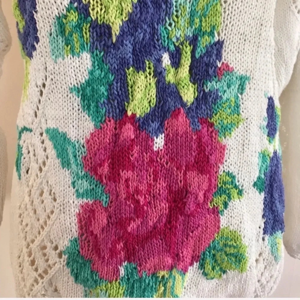 Vintage 90s Rose Sweater Sz M Cotton Ramie Floral Pink White Cottagecore - Picture 4 of 8